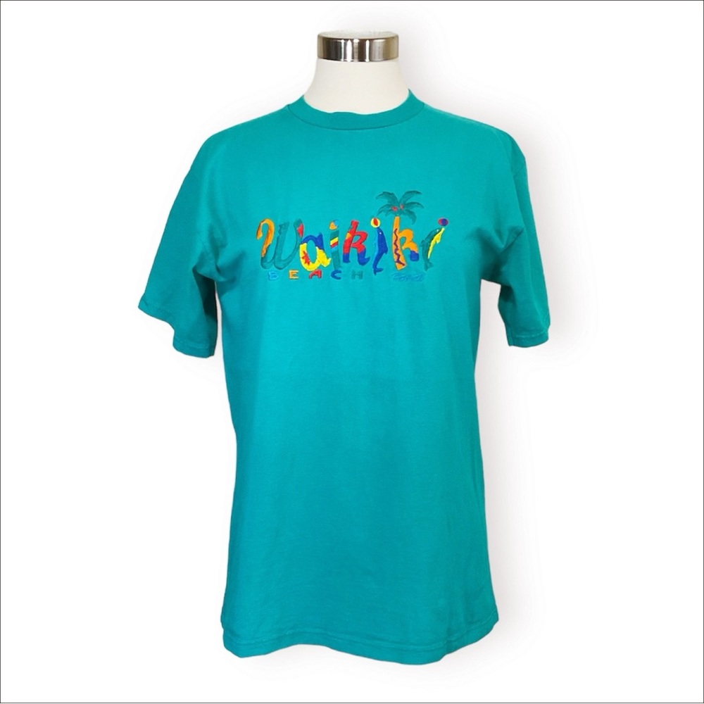 Vintage Waikiki Beach Hawaii Colorful Embroidered Graphic T-Shirt